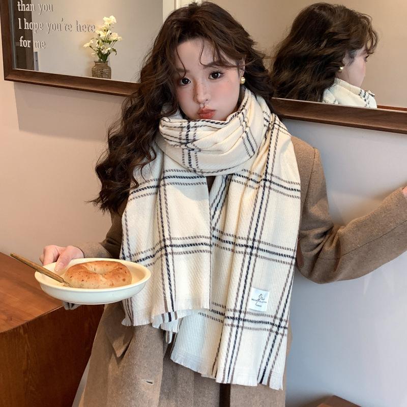 White plaid scarf women's autumn and winter new high-end warm and thickened imitation cashmere shawl dual-purpose scarf