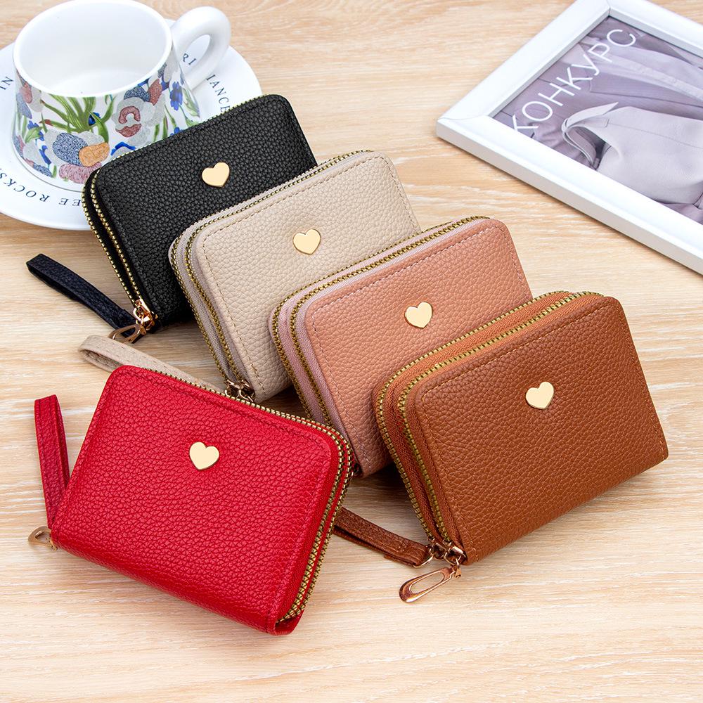 Compact Women's Heart Double Zipper Wallet with Card Slots and Hand Strap