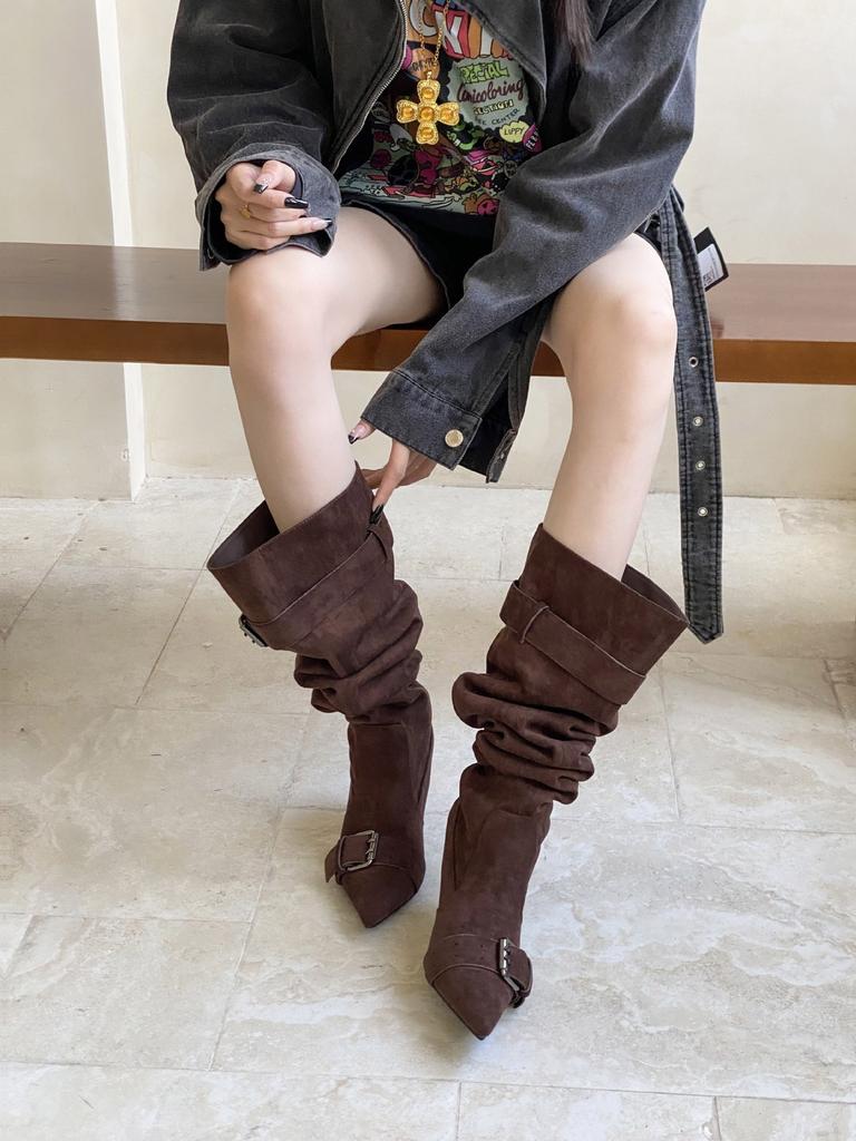 2025 Autumn and Winter New European and American Pointed Head Thin Heel High Heel Temperament French Fashion Sexy Belt Buckle Stacked Boots