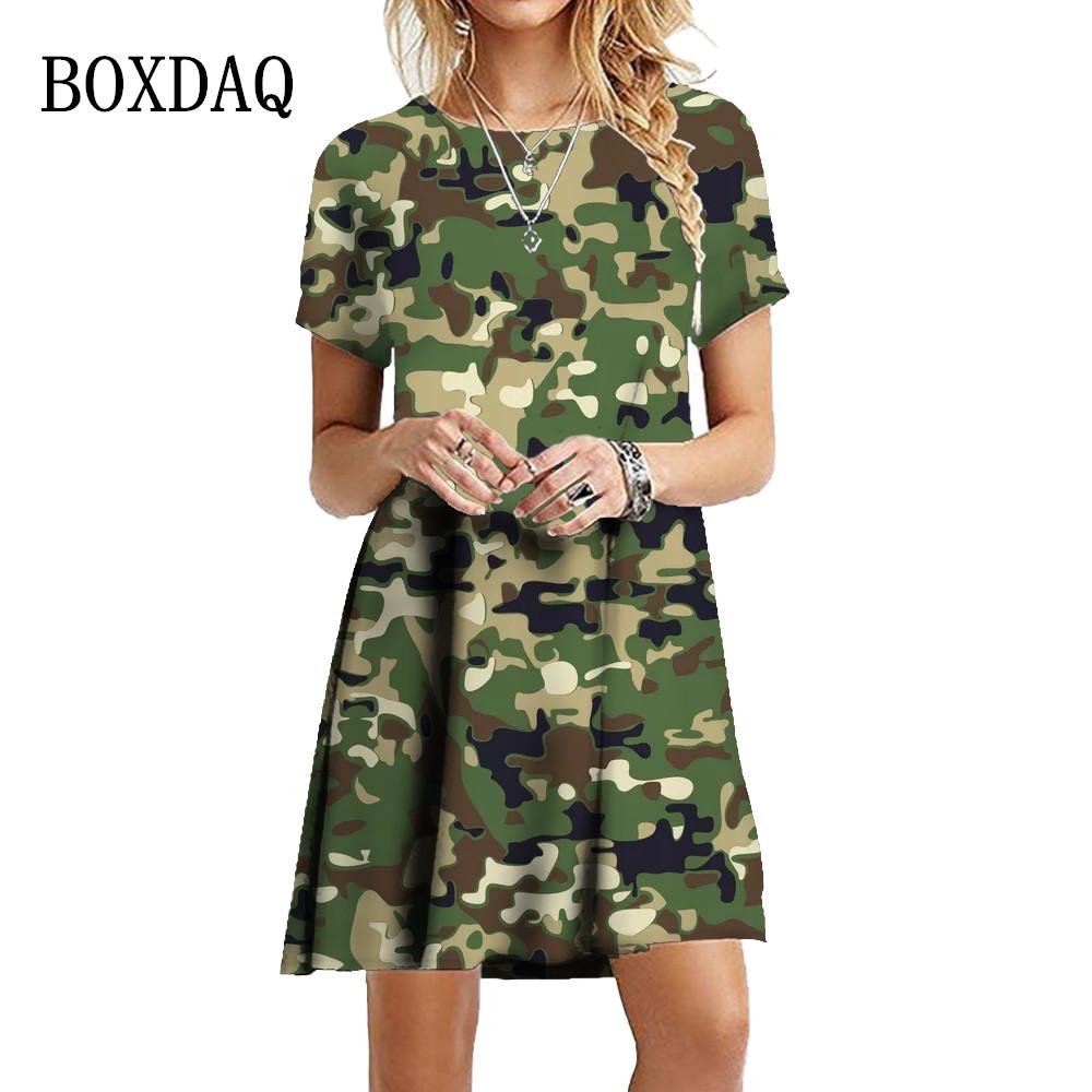 Military Camouflage Dresses For Women Summer Print Short Sleeve Dress Loose Casual Clothing S