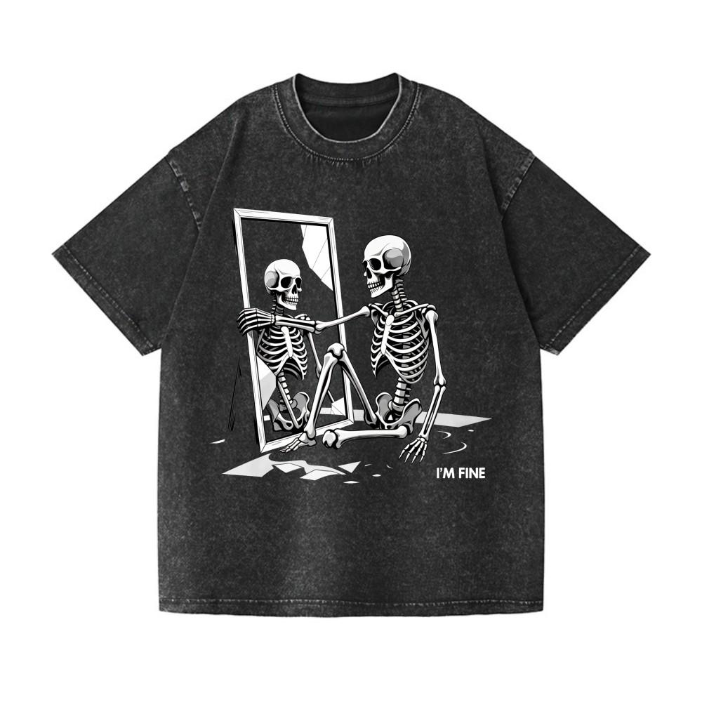 Funny Sarcastic  I m Fine  Skeleton Graphic Washed Streetwear T-Shirt S разноцветный