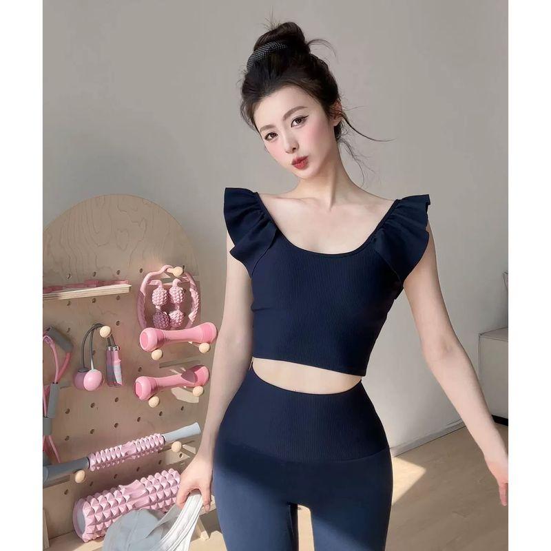 

Big Sale Beautiful Yoga Clothes Slim Looking Fixed Cup Sports Intimates Flying Sleeve New Ballet Style Push-up Workout Tops Women Black (not much) S