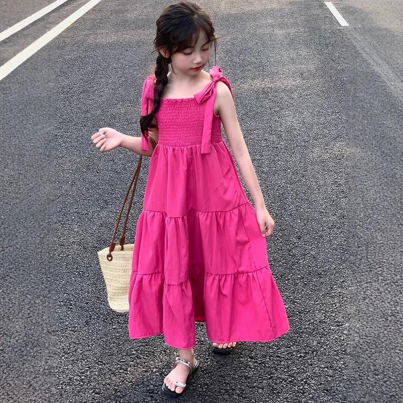 Girls' Summer Spaghetti Strap Beach Dress - Fresh, Stylish Vacation Wear for Big Girls