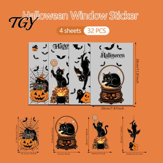 Waterproof Pumpkin Ghost Murals 4Pcs Halloween Cartoon Window Clings, Scarecrow Stickers, Festive Black Cat Wall Decor Removable Decals