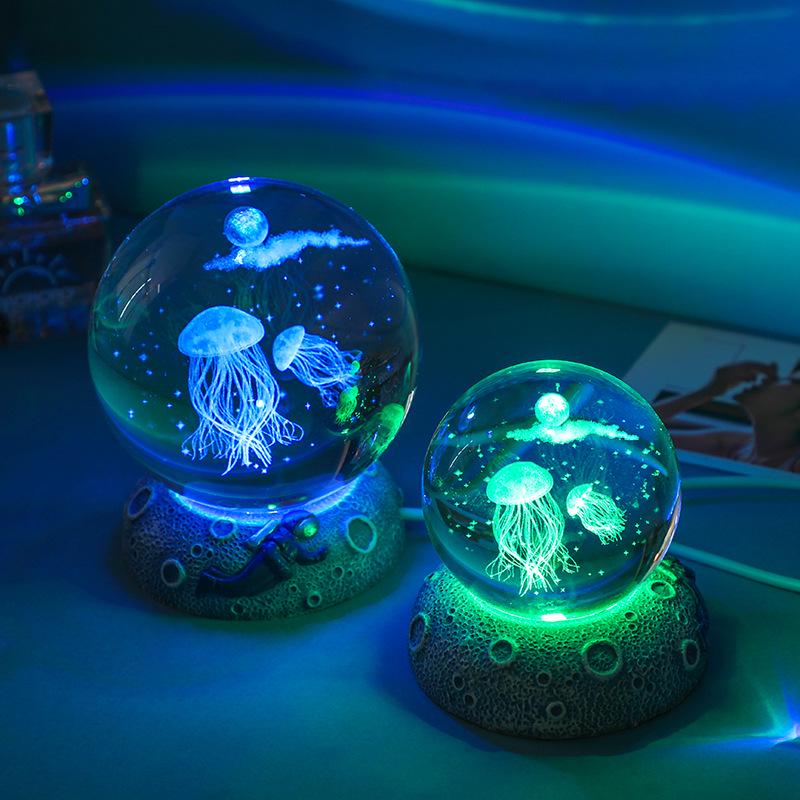 Cosmic 3D Crystal Ball Night Light with Seven-Color Resin Base