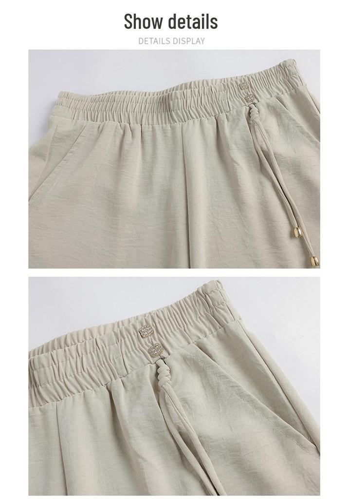 Mom's Summer 2026 Ice Silk High-Waisted Cropped Wide-Leg Pants for Women - Thin, Casual, Chinese Style.