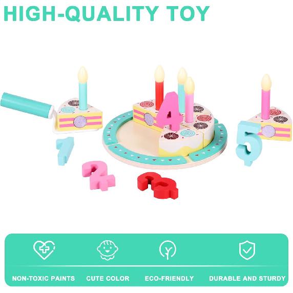Birthday Cake Cutting Toys, Wooden Play Food Set for Kids Toddlers, Pretend Play Kitchen Toys for Boys Girls