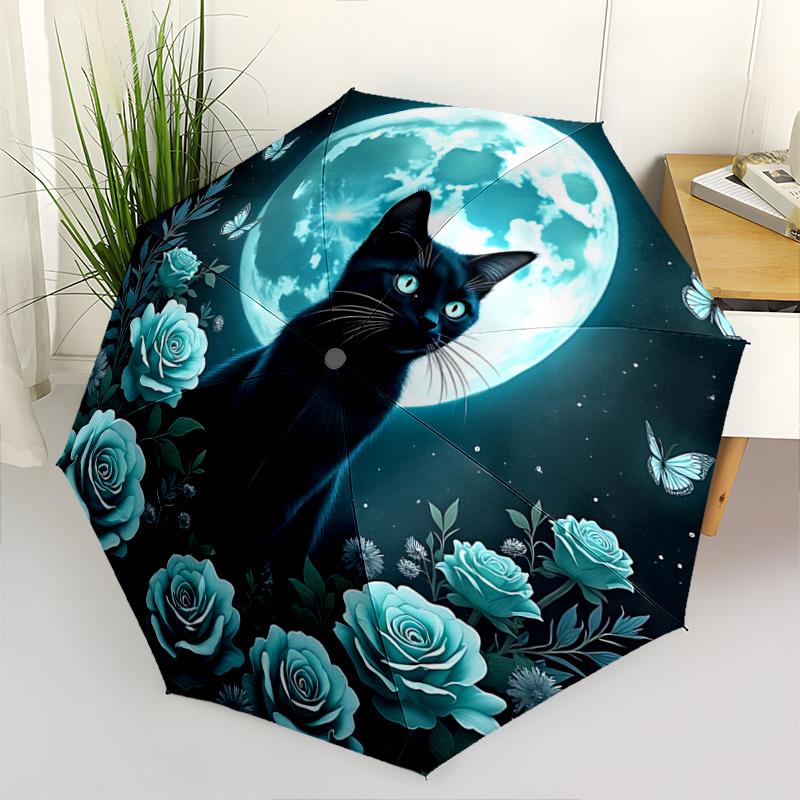 1pc Blue Rose & Butterfly Moonlit Night Automatic Folding Umbrella, 8 Bone Iron Frame, Portable Design for Outdoor Use, Perfect Gift for Fans, Tr