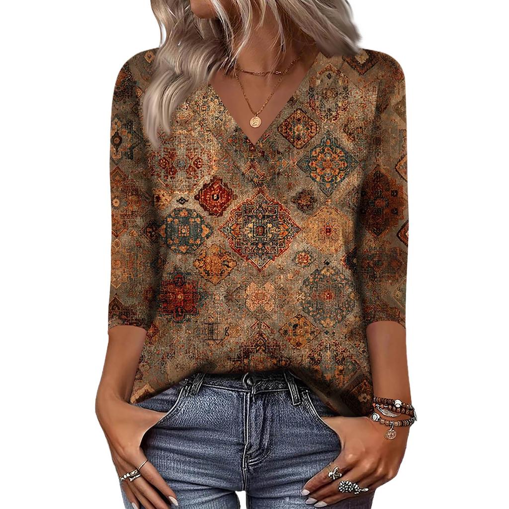 Dámské košile s 3/4 rukávem Topy s výstřihem do V Topy pro volný čas Základní trička Halenka Volné topy