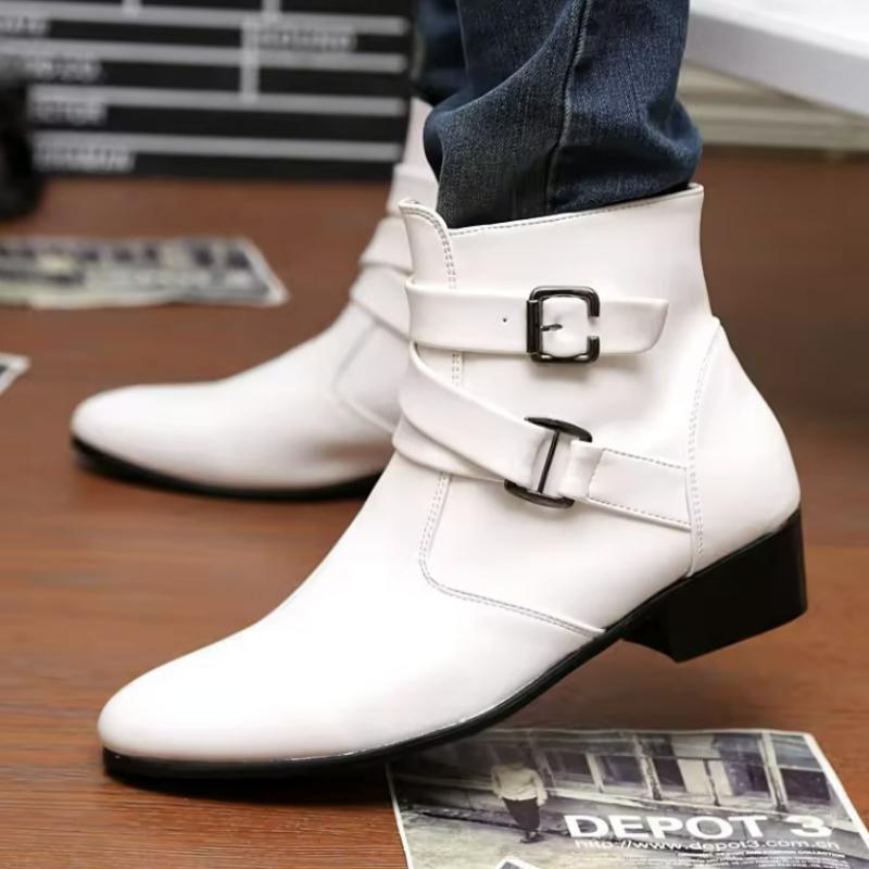 Fashion Luxury Men Boots Leather Chelsea Boots High Top Buckle Strap Formal Shoes Black British Style Ankle Boots Pointed Toe White Boot