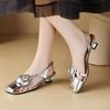 New Design Summer Women Sandals Half Cover Toe Genuine Leather Square Toe Flower Buckle Strap Empty Back Med Heels Shoe
