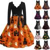 Women Long Sleeve V Neck Casual Dress Vintage Floral Print Halloween Blood Drop Pattern Retro Style Midi Dress with Waist Tie