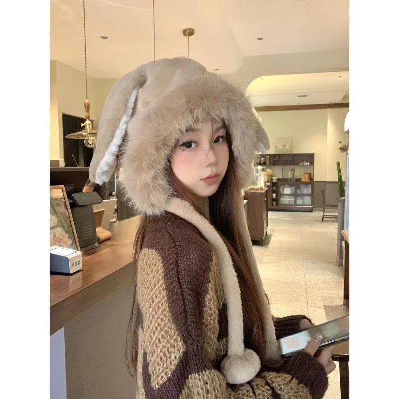 Winter fluffy hat cute ears pullover hat outdoor warm ear protection bag head cold hat fleece thickened millinery hat