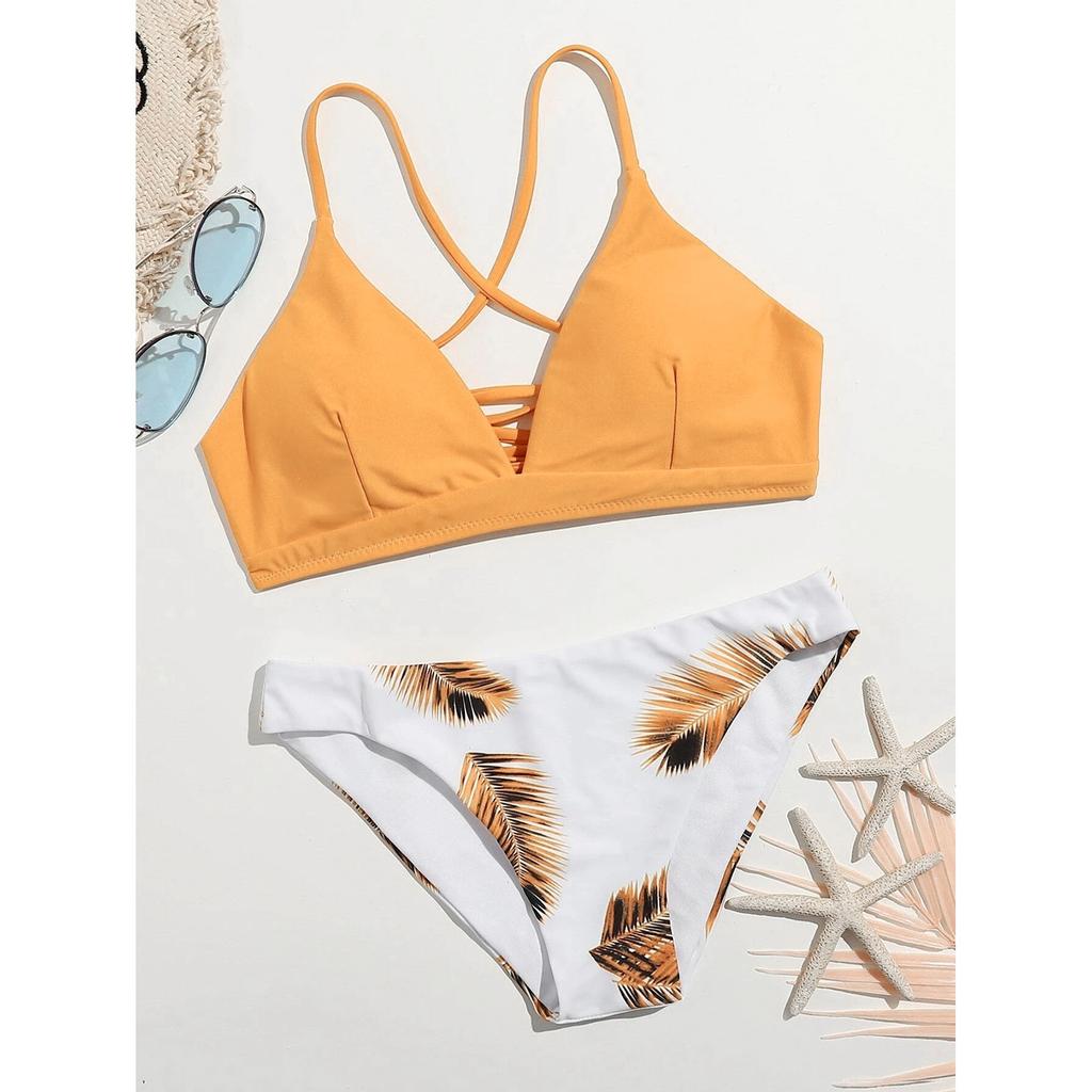 Sexy Mode Badeanzüge Sommer Zweiteilige Bademode Push-Up Gepolsterter BH Bikini-Set Blätterdruck Zweiteiliges Bikini-Set Nahtlose Wickel Hüftshorts