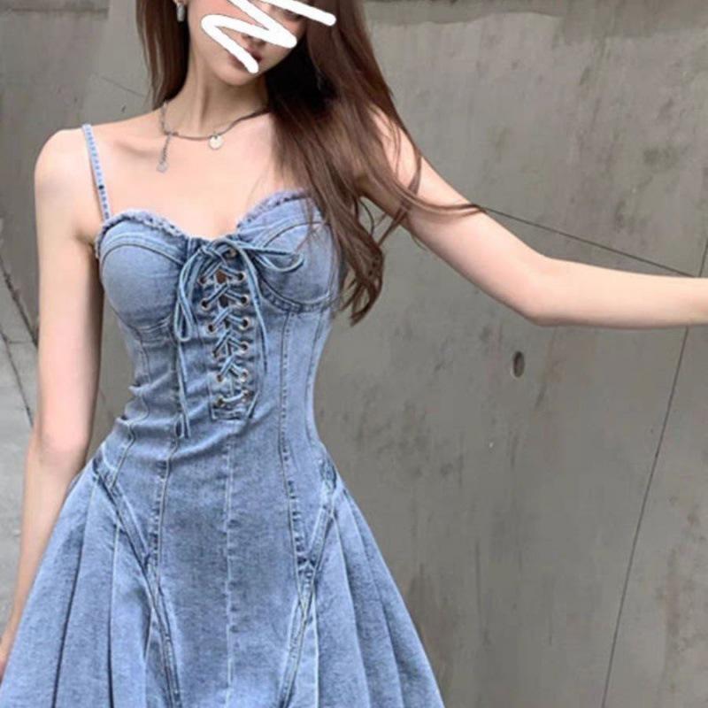 Fiery Slim Waist Stretch Denim Strapless Bodycon Dress with Tie-Up Details