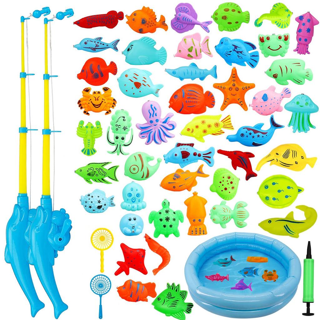 Set of 50 Magnetic Fishing Toys for Kids, Water Play, Fishing Sand Toys, Bath Toys, Magnetic Fishing Games, Inflatable Pools, Round Pools, Summer
