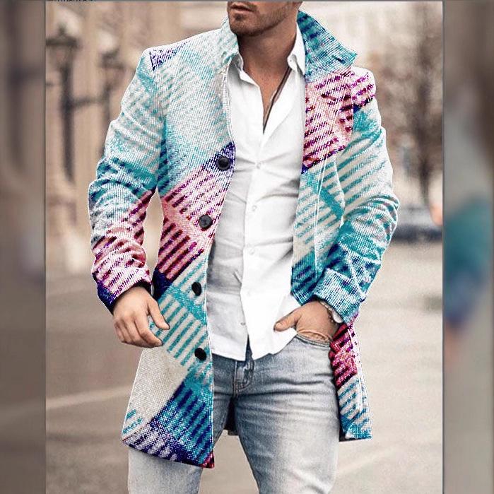 Men's Woolen Mid-Length Digital Print Coat - Autumn/Winter Collection