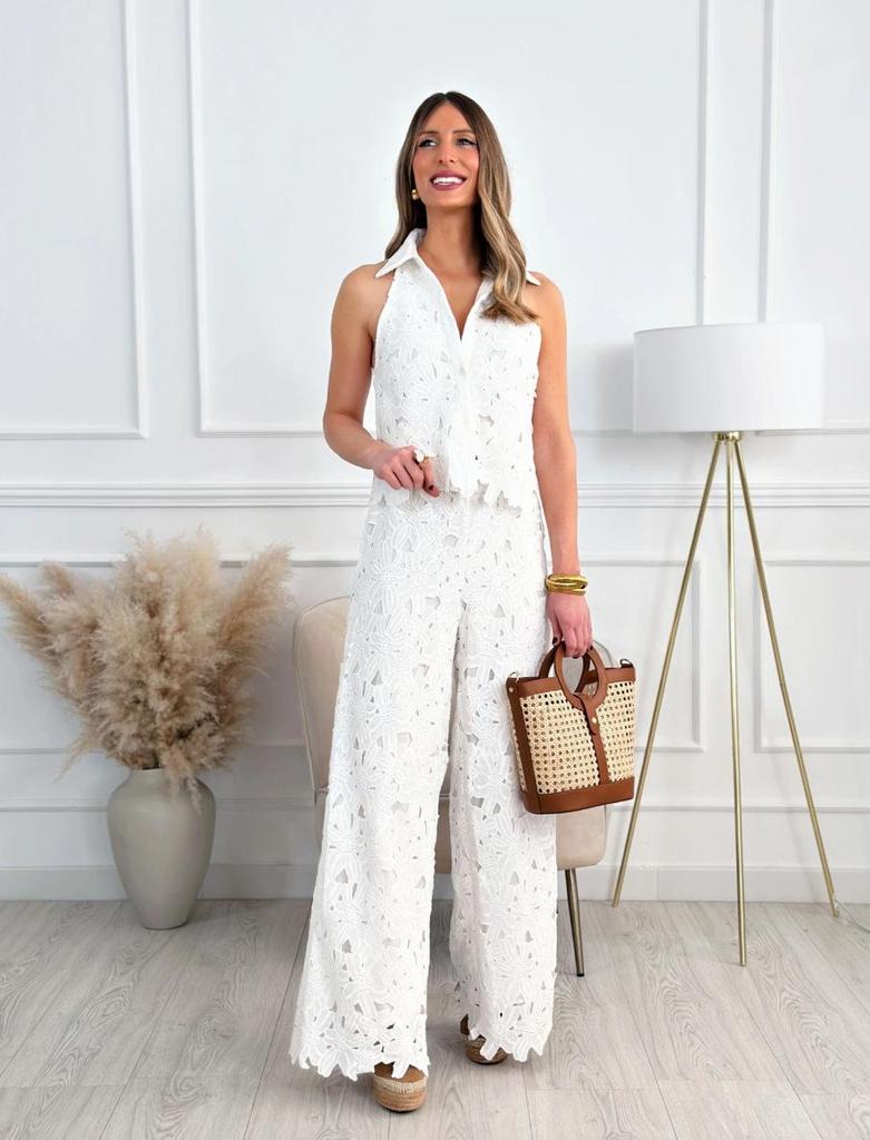 French Summer Embroidered V-Neck Cutout Tank & Wide-Leg Pants Set