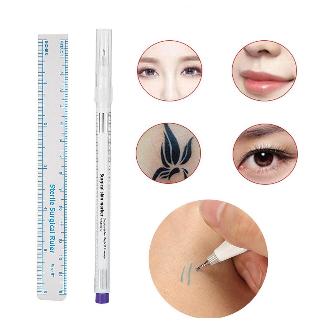 Sterilized Eyebrow Tattoo Medical Surgical Skin Marker Pen With Ruler Measuring Tool