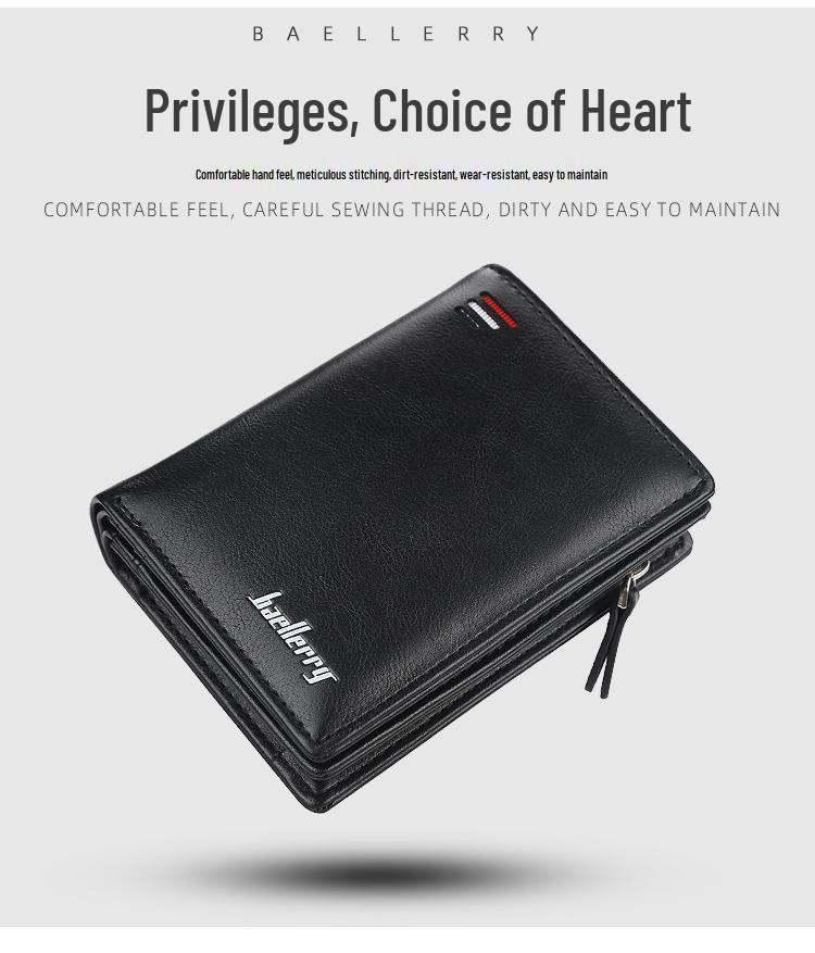 Baellerry Men's Zipper Short Wallet - Multi-Card Slot, Fashionable Vertical Mini Coin Purse