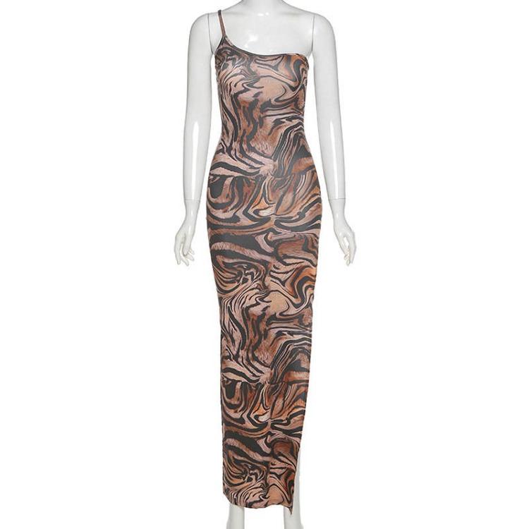 Sexy Women Summer Dress Spaghetti Strap Slash Neck Slim Tiger Print Khaki Split Side Lady Dress