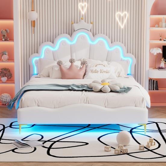 Princess Bed 140x200cm Flat Double Bed Crown-Shaped Soft Upholstery Made of Faux Leather Adjustable LED Ambient Light Strip White