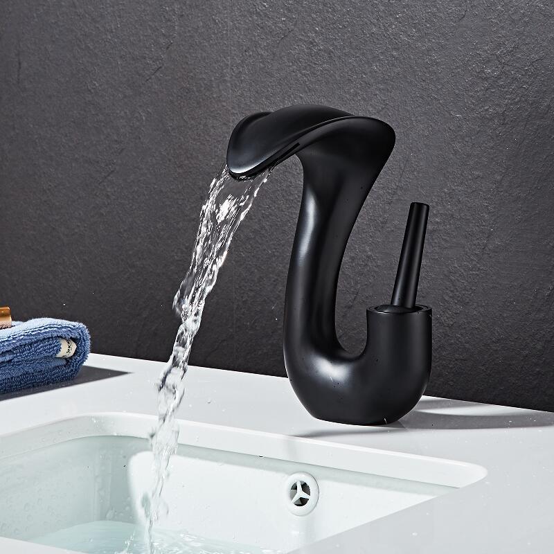 Grifo de Baño Tuqiu Negro Latón Dorado Grifo para Lavabo Frío y Caliente Mezclador Cascada Blanca Grifo para Fregadero Monomando Montado en Cubierta Grifo