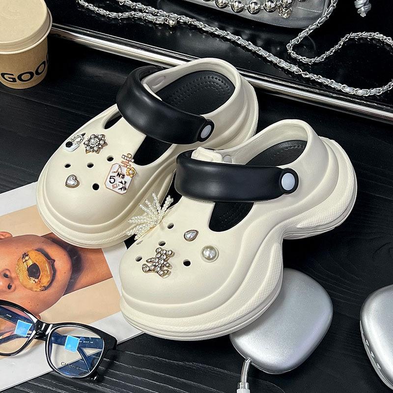 Height-increasing Hole Shoes Women's Summer Wear Non-slip Bear Pearl Flower Bag Head Hole Shoes Two-color Thick-soled Cool Slippers