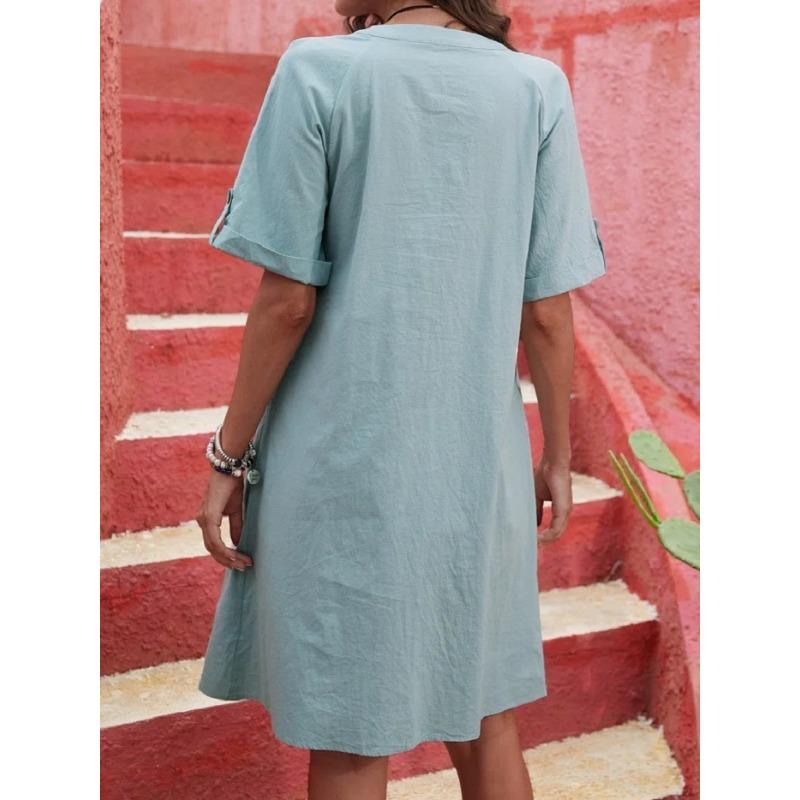 Damenkleid, kurzärmelig, mittellang, einreihig, V-Ausschnitt, locker, einfarbig, A-Linie, Freizeitkleider
