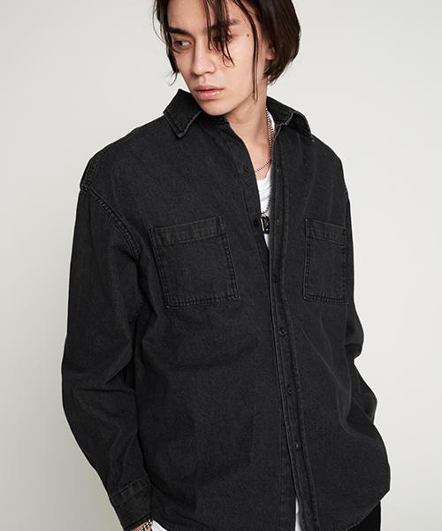 Tener Minimal Washing Pocket Denim Shirt Black F