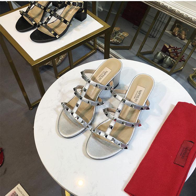 Women's Sandals Summer Woman Heeled Slipper Sandals Leather Brand Rivets High Heels Gladiator Ladies Shoes