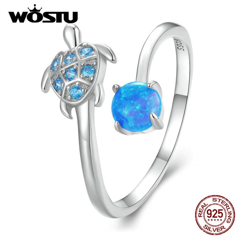 WOSTU Real 925 Sterling Silver Blue Turtle Fire Opal Opening Ring For Women Ocean Animal Stackable Ring Party Jewelry Gift