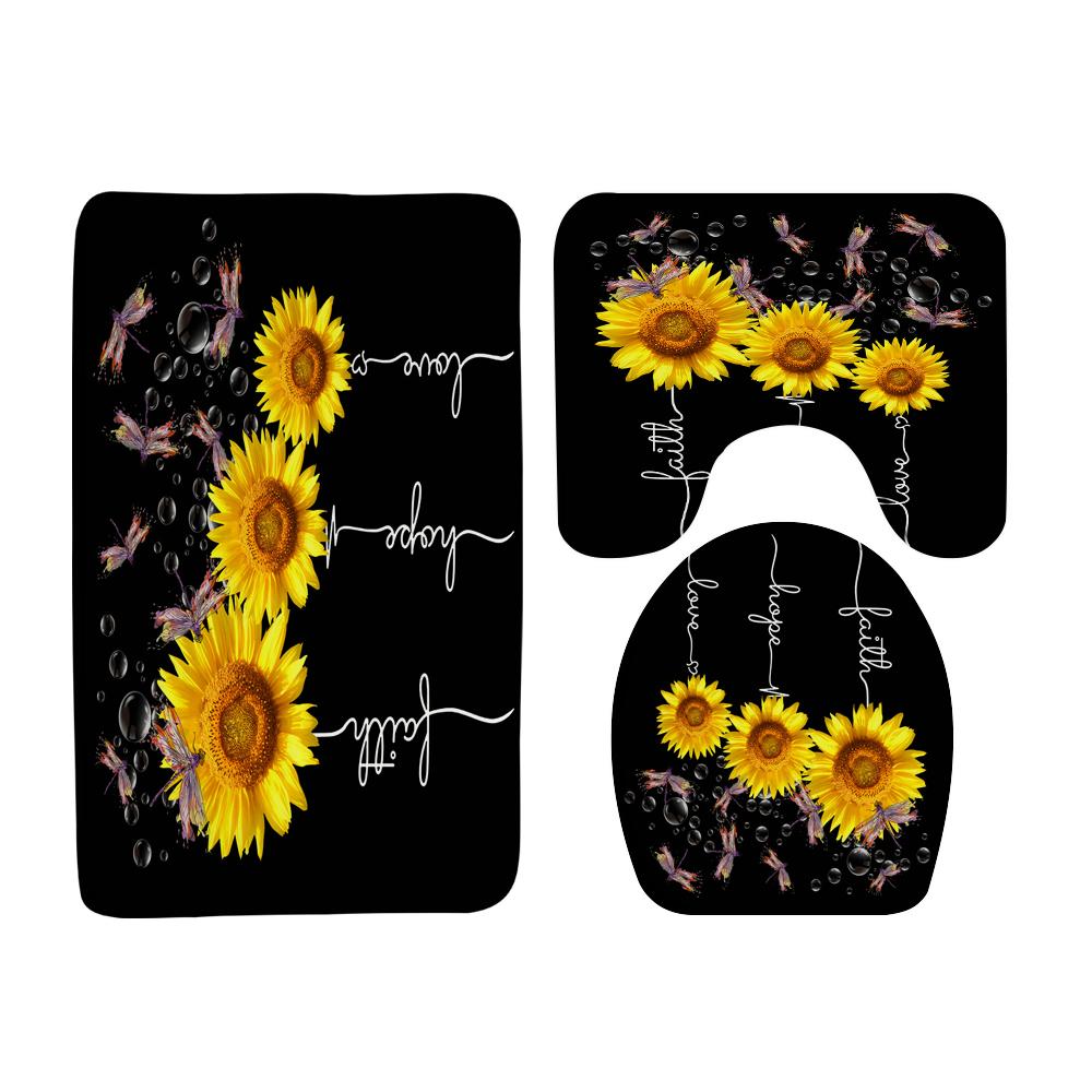 Magic Sunflower Butterfly Shower Curtain Sets Black Yellow Art Country Flower Bathroom Decor Curtains Bath Mats Rug Toilet Cover