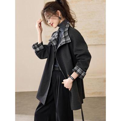 Elegant Belted Lapel Plaid Splicing Commuter Coat