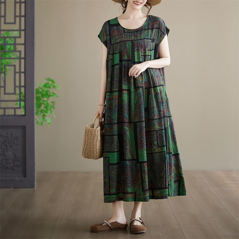 DIMANAF New 2026 Plus Size Summer Beach Women Cotton Vintage Lady Long Dress Floral Print Loose Oversize