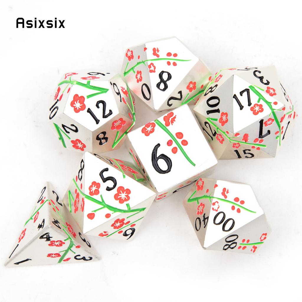 7 Pcs Silver Flower Metal Dice Solid Metal Polyhedral Dice Set Suitable for Role-Playing RPG Board Game Card Game