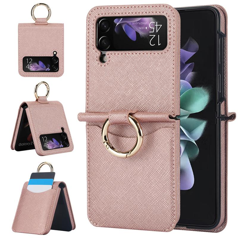 

For Samsung Z Flip 3 Luxury Cross Pattern Folding Ring Phone Case For Samsung Z Flip 4 Z Flip 5 Insert Card Shock Back Cover For Galaxy Z Flip3 рожевий колір золота