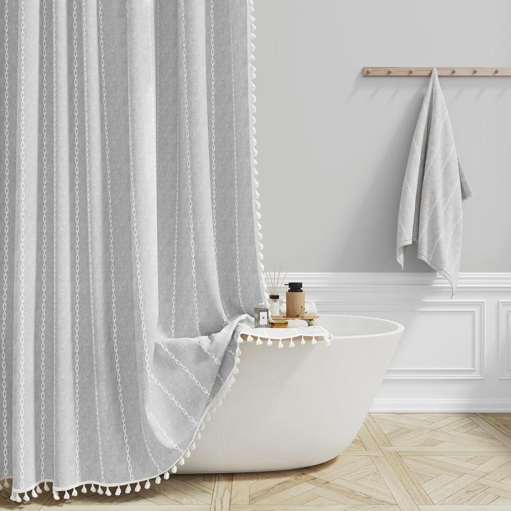 300GSM Thickened Polyester Linen Blend Shower Curtain, Waterproof Lotus Coating, Vertical Stripes with Tassel Hem