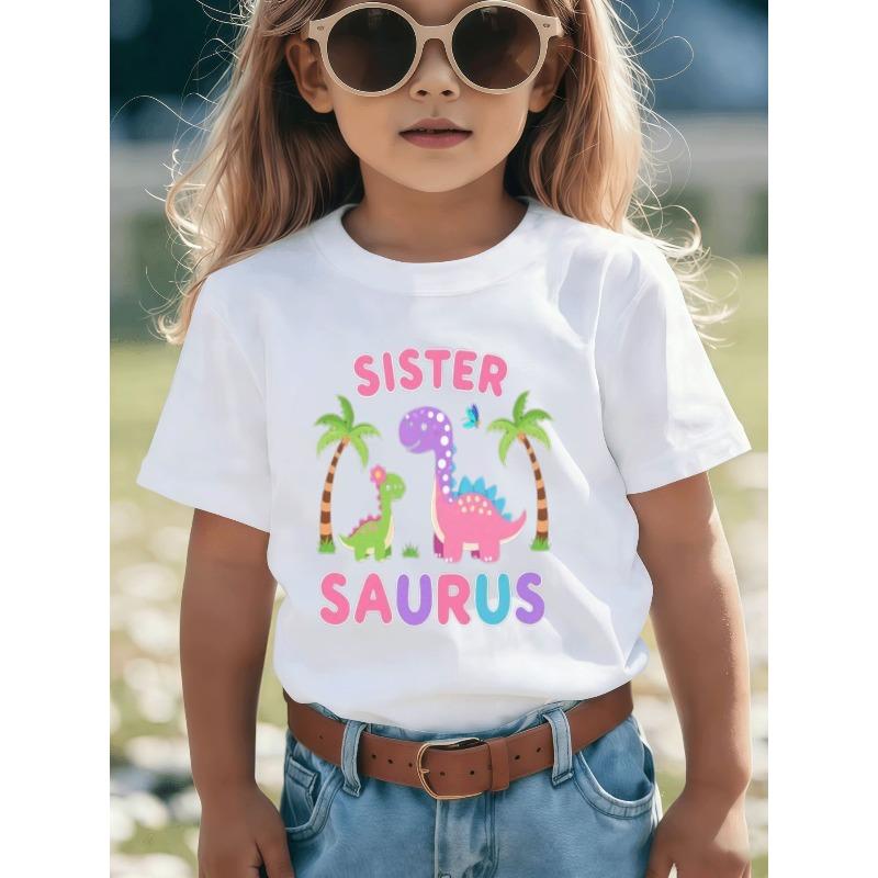 European Sizes Cute Dinosaur Sisters Themed Girls' T-Shirt - Vibrant Cartoon Design Featuring Pink Bubble Letters "SISTER" and Dinosaur Companions