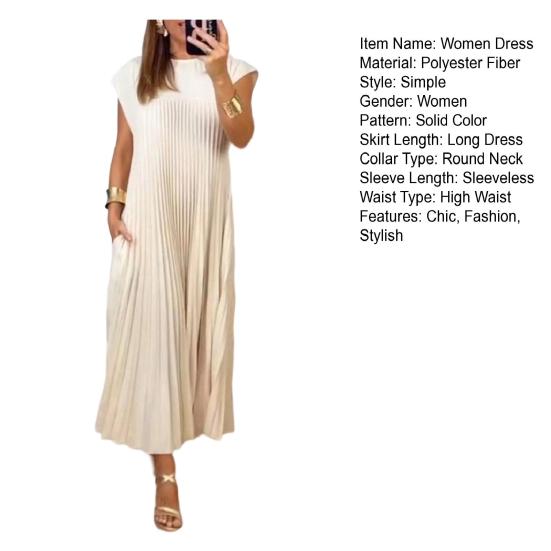 Women's Summer Sleeveless Midi Dress Pleated A Line Casual Crewneck Swing Dress Flowy Long Party Dress