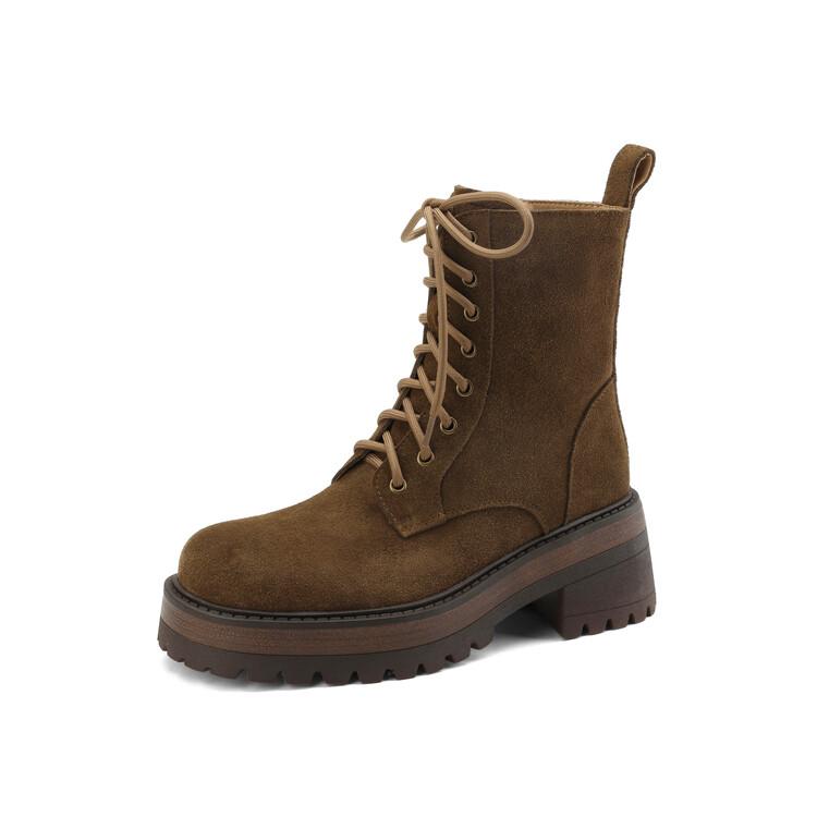 

Fashion New Autumn Winter Cow Suede Women Boots Fashion Lace Platform Boots for Women Chunky Heel Short Boots Botines Mujer High Heels 34