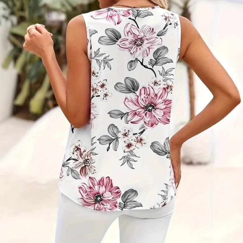 Women White Floral Print Sleeveless Blouse With V Neck And Button Detail Casual Summer Top