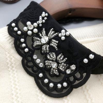 Weiß Schwarz Perlen Strass Spitze Kragen Hals Damen Wildes Hemd Falscher Kragen Pullover Mantel Dekorativer Abnehmbarer Halskragen