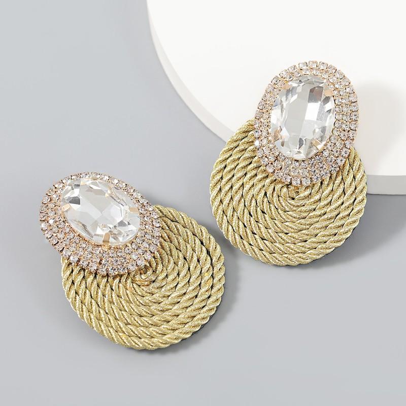 Alloy Rhinestone Oval Glass Stud Earrings Women Stretch Cord Circular Fashion Ear Jewelry In White Green Black Rose Gold