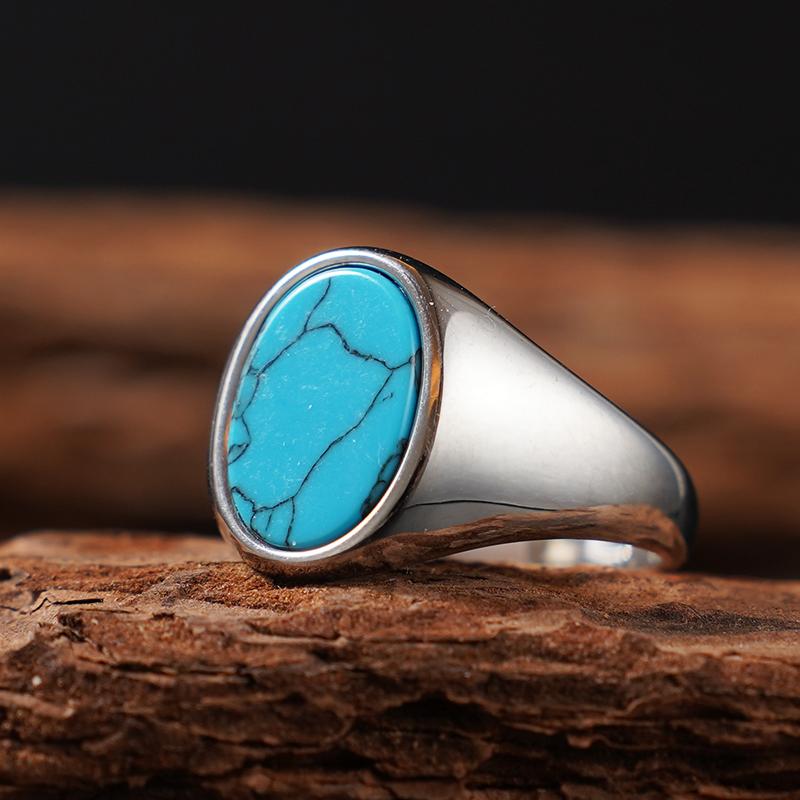 

Natural Stone Series for Women Men Elliptical Ring with Real Tiger s Eye Stone 316L Stainless Steel Male Female Turquoise 18k Go 12 бірюзовий