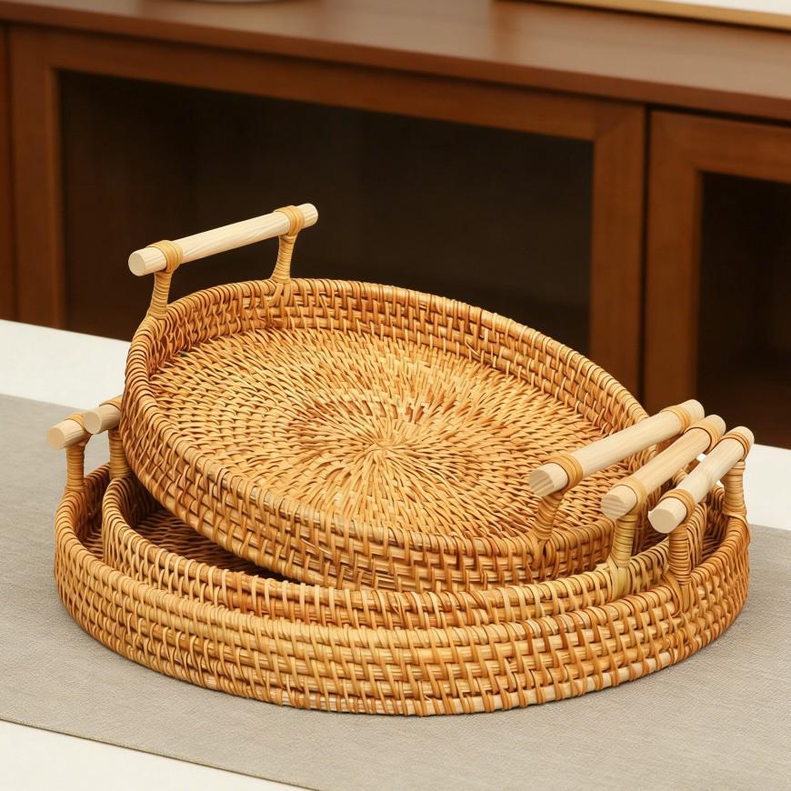 Vietnamese Rattan Handwoven Multi-Functional Storage Basket with Handles and Round Tray Design
