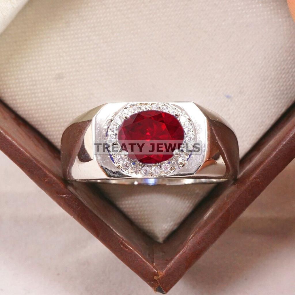 Ruby Oval Cut Gemstone With 925 Sterling Silver Ring For Men's #B540 JL375686393510