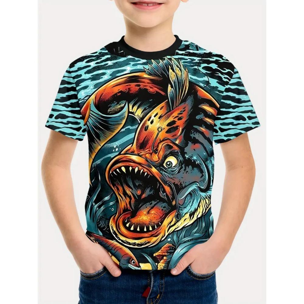 Summer Kids' T-Shirt Cartoon Shark Fishing Boy Casual Cool Round Neck Fashion Top