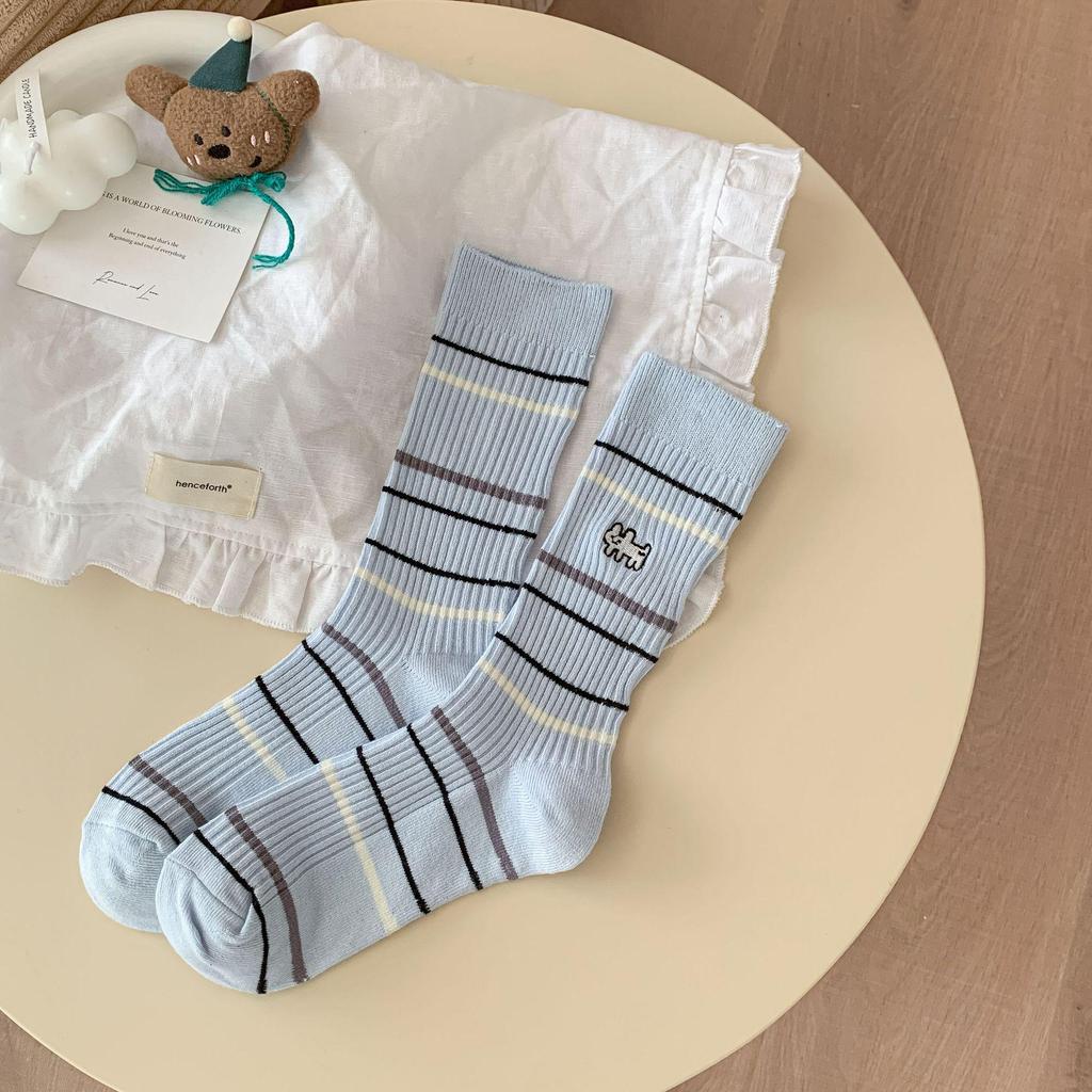 Zhuji Women's Autumn/Winter Mid-Calf Cartoon Puppy Embroidered Striped Socks