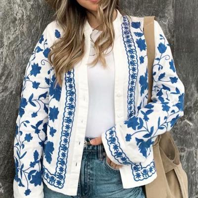 Shirt V-Neck Long Sleeve Single-breasted Floral Embroidery Women Blouse for Dating